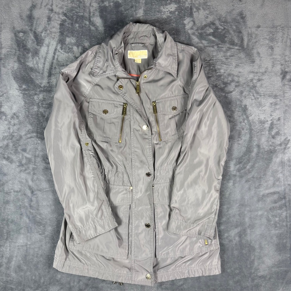 Michael Kors Gray Utility Rain Jacket Womens Large Lightweight Coat Hood Missing